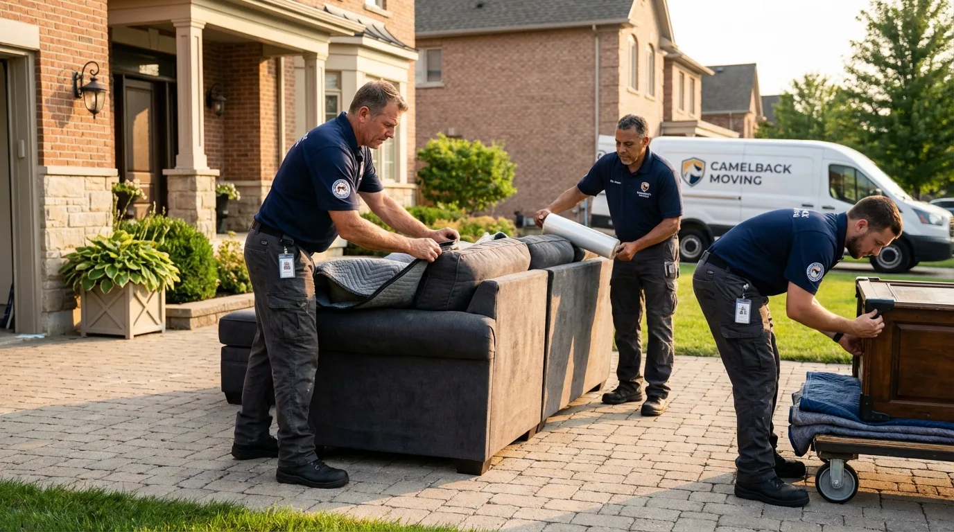 Large estate moving crew wrapping furniture in New Canaan, CT