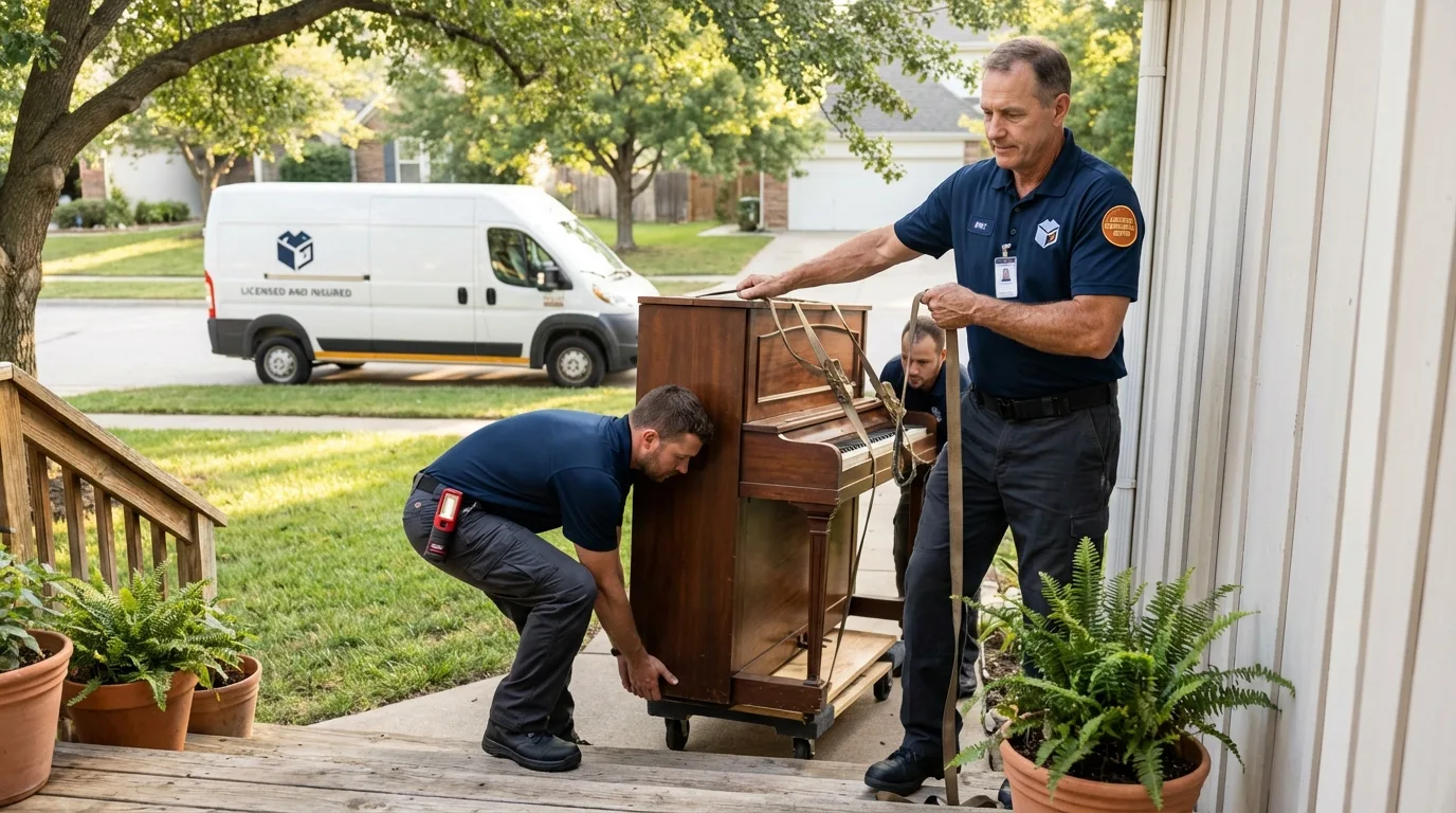 Licensed piano movers securing grand piano in New Canaan, CT