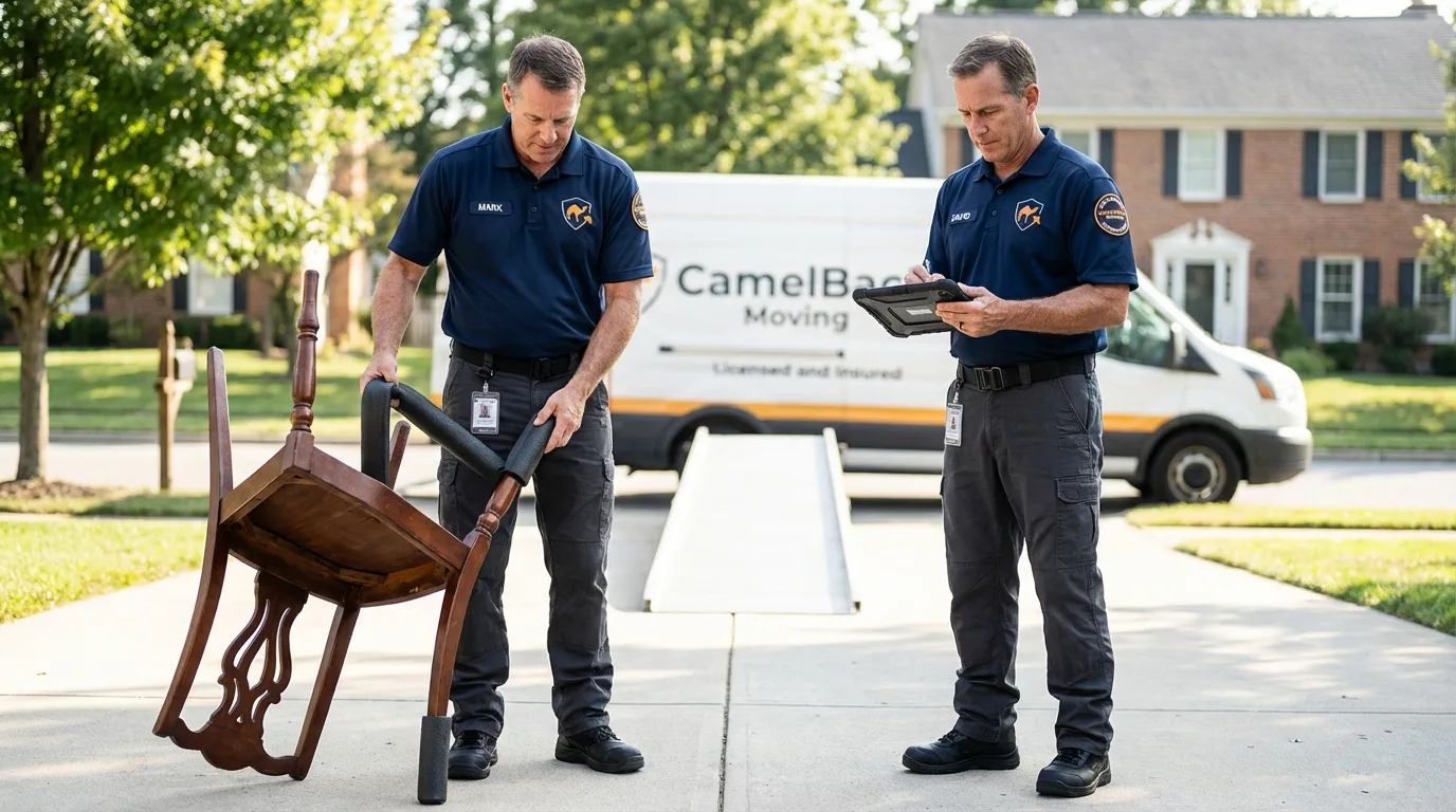 Movers inspecting furniture for damage prevention before loading in New Canaan, CT
