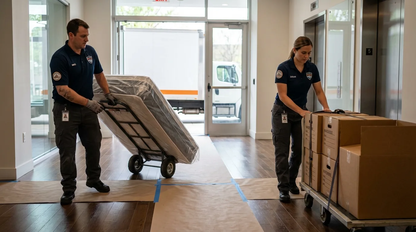 Professional apartment movers loading elevator in New Canaan, CT