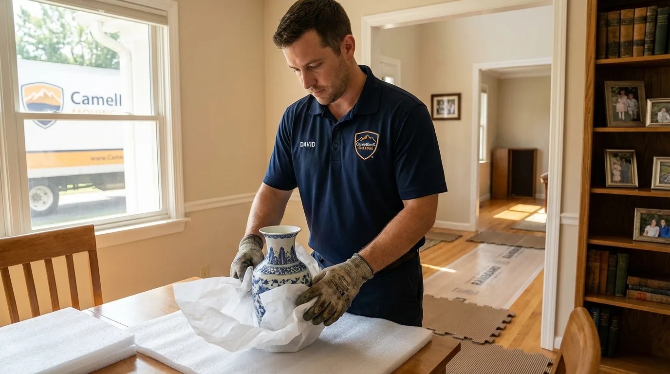 Professional crew carefully wrapping antique vase for senior downsizing move in New Canaan, CT