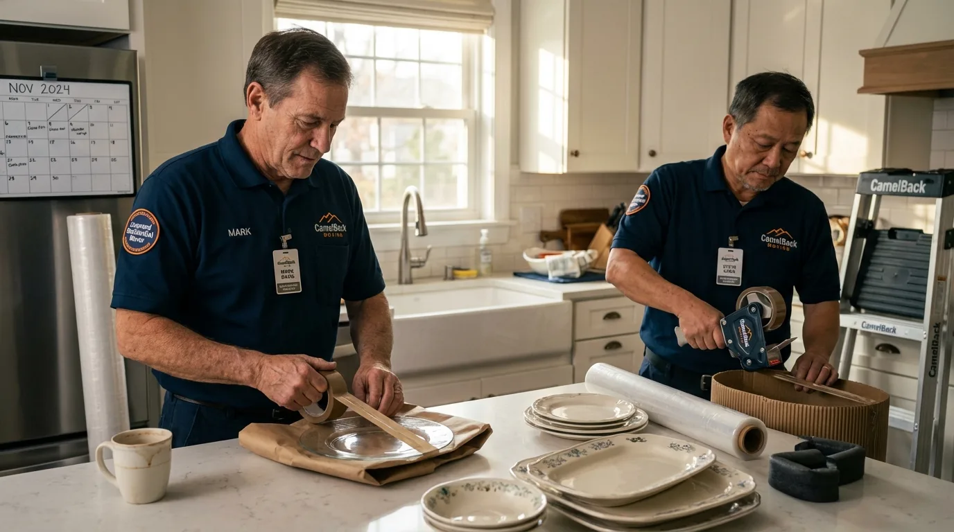 Professional crew packing kitchen dishware in New Canaan, CT